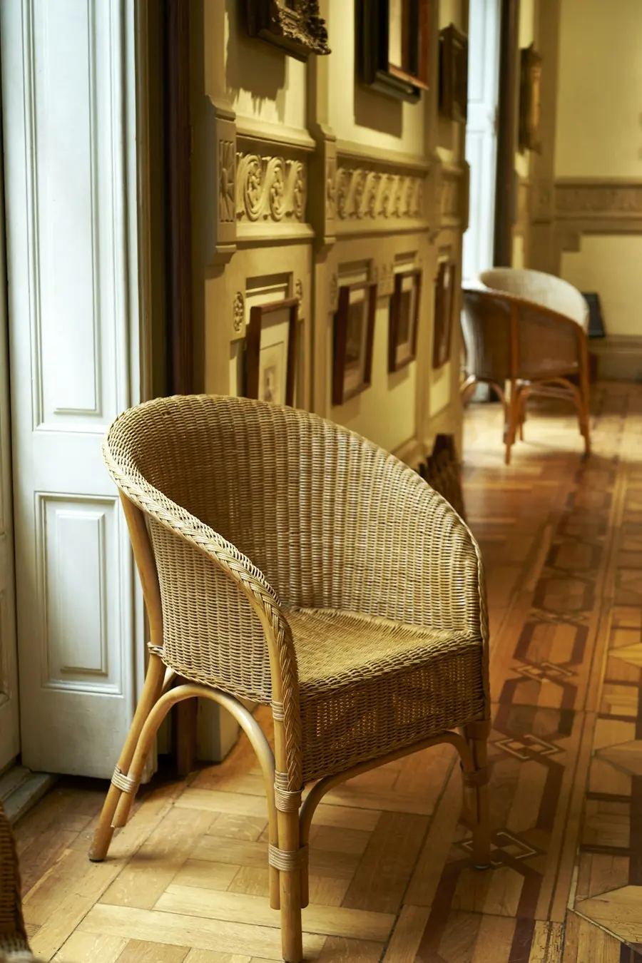 Woven rattan armchair in a sunlit room