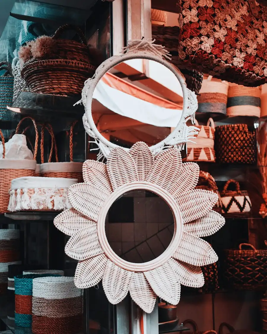 Sunburst rattan wall mirror in a craft shop