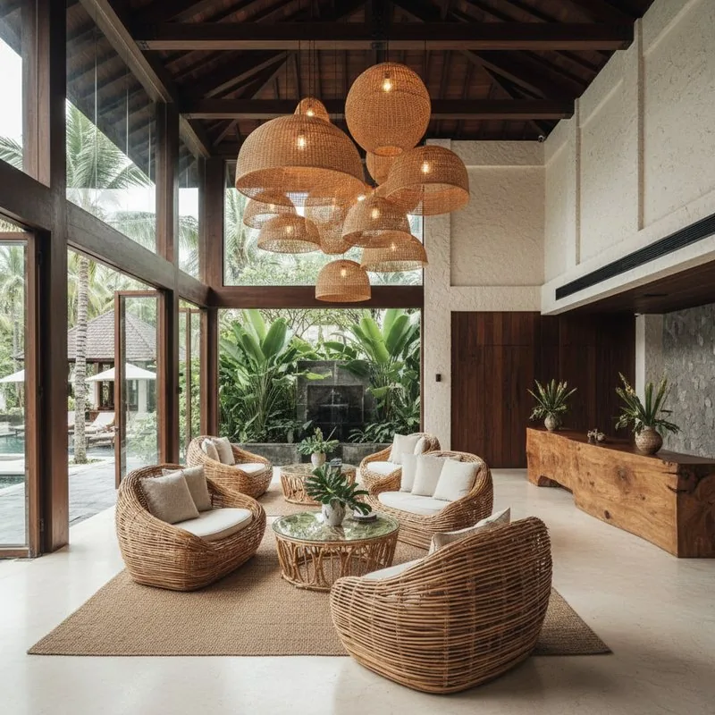 Rattan lounge chairs and woven pendant lamps in a hotel lobby