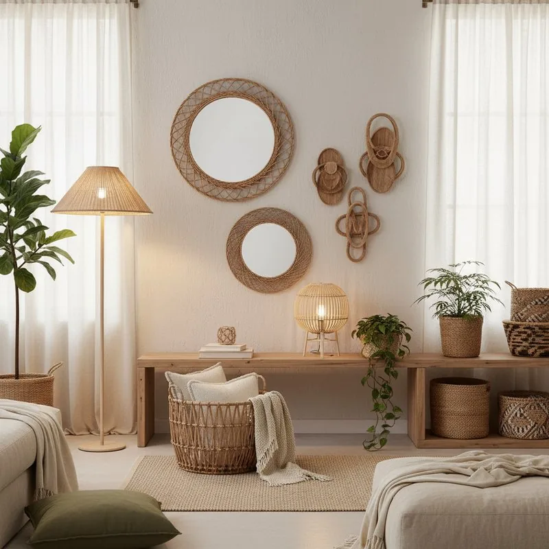 Rattan wall mirrors, floor lamp and woven baskets in a bright room