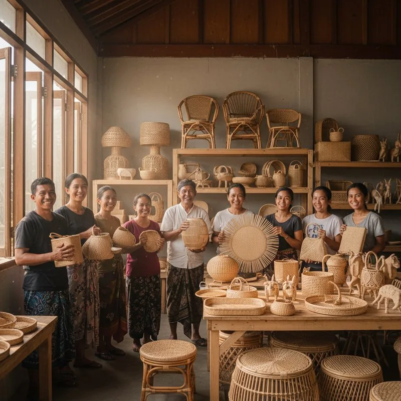 Team of Balinese artisans holding finished rattan pieces in the workshop