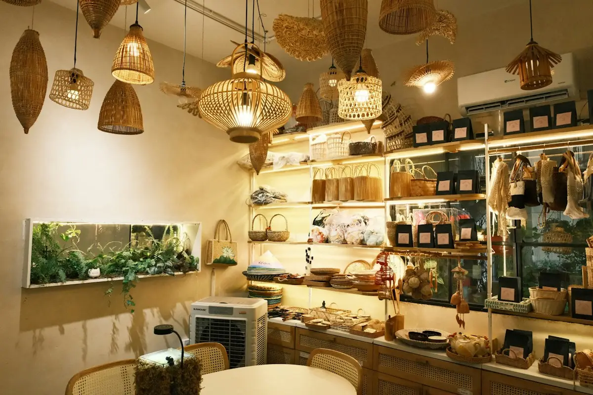 Shop interior with woven rattan pendant lamps