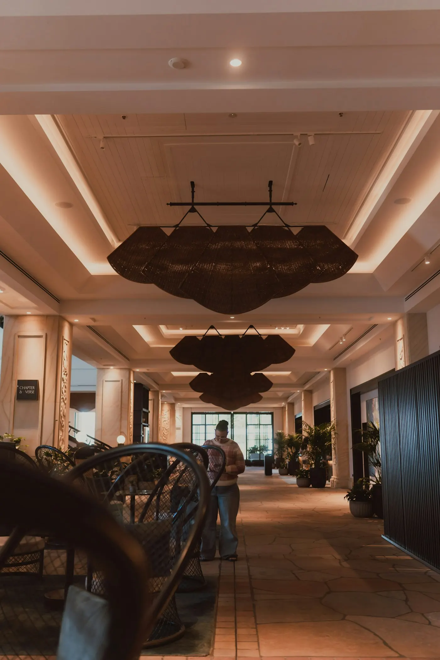 Hotel lobby with large woven rattan chandeliers