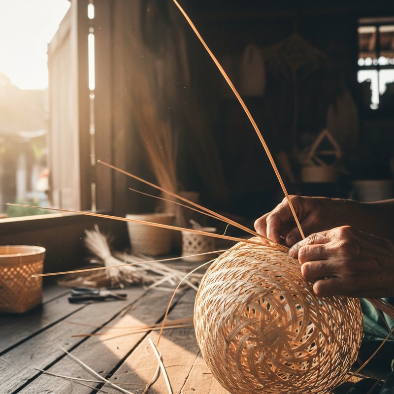 Skilled Balinese artisan hands weaving natural rattan traditional craft workshop