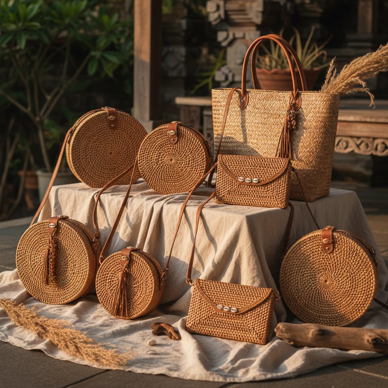 Handwoven Bali rattan bags wholesale collection round bags tote clutch crossbody