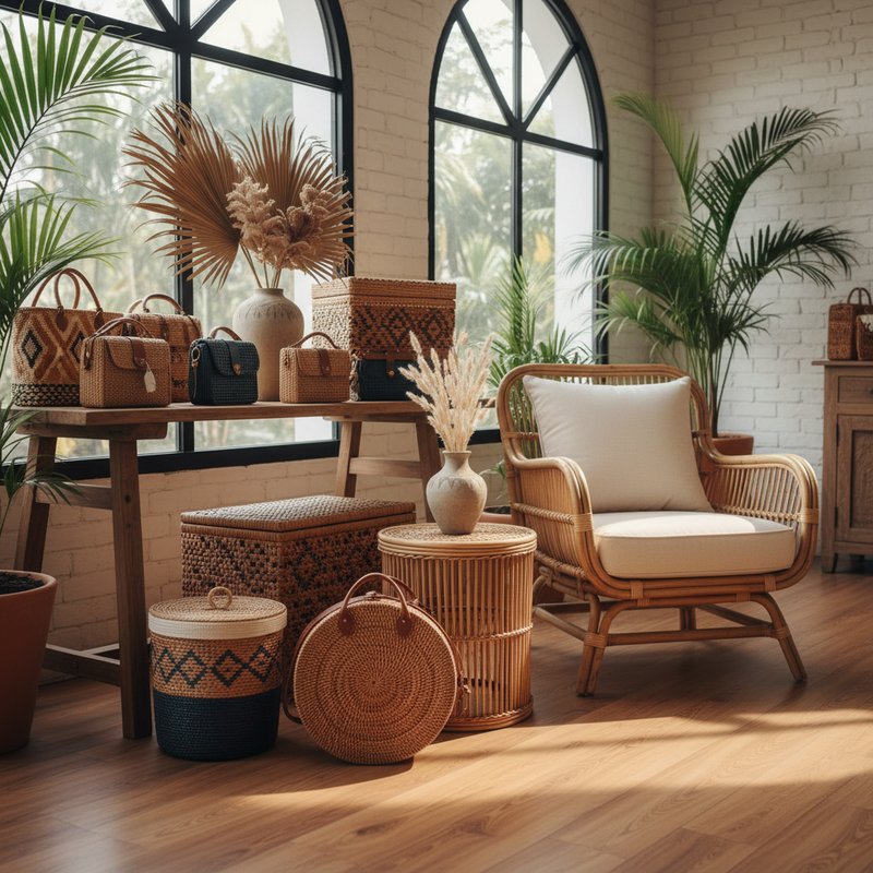 Premium handwoven Bali rattan craft products collection including bags furniture and home decor