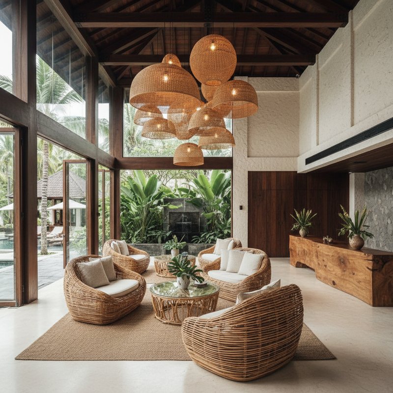 Bali rattan furniture in luxury hotel lobby chairs tables pendant lamps hospitality design