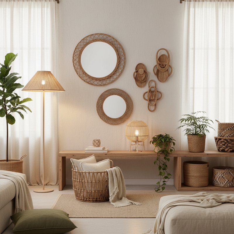 Rattan home decor from Bali mirrors lampshades baskets wall art in modern interior
