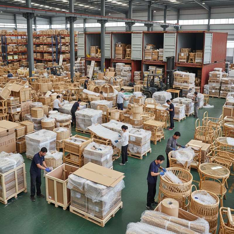 Bali rattan wholesale export warehouse packaging rattan products for international shipping
